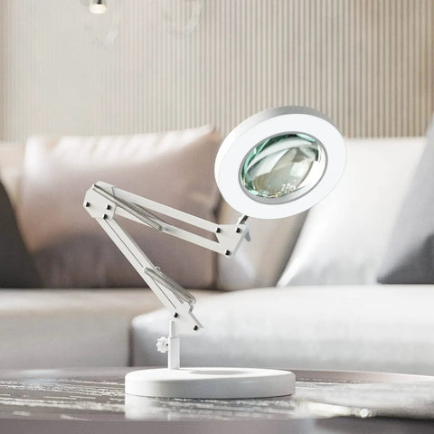 10X Magnifying Light With LED Desk Lamp Clamp on workspace, white base, 4.2 inch real glass lens, flexible arm, close work focus