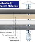 Size Eight By Half Inch Zinc Plated Sheet Metal Screws Three Hundred Piece Pack shown installed in aluminum, wood, and PC materials.