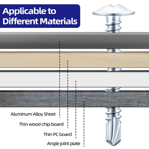 Size Eight By Half Inch Zinc Plated Sheet Metal Screws Three Hundred Piece Pack shown installed in aluminum, wood, and PC materials.