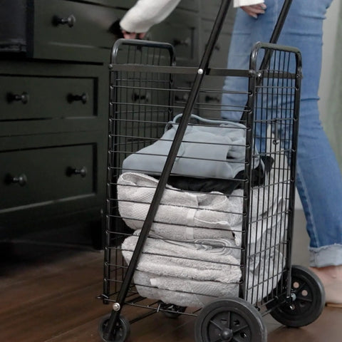 Folding Shopping Cart With Wheels For Grocery And Laundry, carrying laundry, lightweight durable trolley with easy grip handle