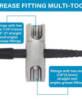 Close-up of 337 Piece SAE And Metric Grease Fittings Replacement Kit with multi-tool showing fitting sizes 7/16" and 3/8"