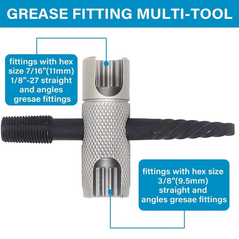 Close-up of 337 Piece SAE And Metric Grease Fittings Replacement Kit with multi-tool showing fitting sizes 7/16" and 3/8"