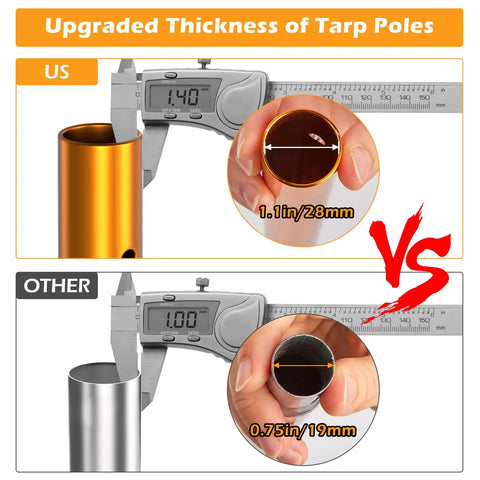 Comparison of thickness for Adjustable Telescoping Aluminum Tarp Poles Set Of 2 For Camping And Backpacking, showing 1.1in vs 0.75in