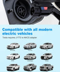 Portable Level 1 And 2 EV Charger With 25 Ft J1772 Cable And Dual NEMA Adapters For Home Electric Vehicles Featuring Smart LCD Display shows compatibility with various brands.