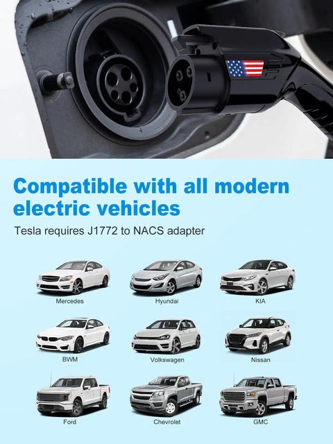 Portable Level 1 And 2 EV Charger With 25 Ft J1772 Cable And Dual NEMA Adapters For Home Electric Vehicles Featuring Smart LCD Display shows compatibility with various brands.
