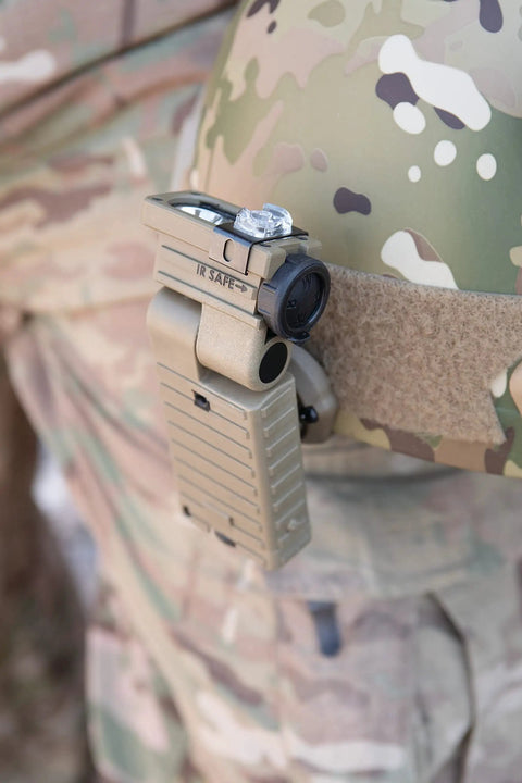 Sidewinder 55 Lumen LED Military Flashlight with helmet mount showing MOLLE compatibility and 185 degree tilt.