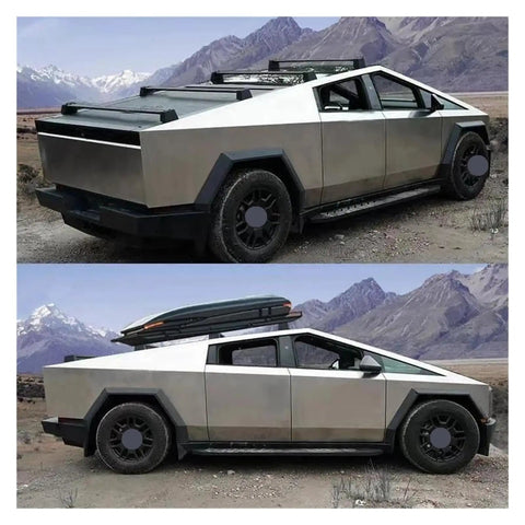 Heavy Duty Cross Bars For Tesla Cybertruck Roof Rack Cargo Carrier Set With Smooth Painted Finish Quick Snap Setup and Tank Strong Build For Weekend Getaways on vehicle in rugged terrain.