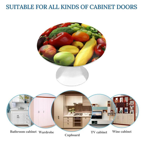 Top Shelf Antique Stainless Steel Cabinet Knobs 2 Piece Set Rock Solid round drawer pulls on a cabinet display with fruits.