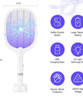 Reusable Electric Fly Swatter Racket Featuring 4000V Bug Zapper With Rechargeable Battery And Dual Mode Design For Killing Mosquitoes And Pests In Your Home, showing dimensions and features.