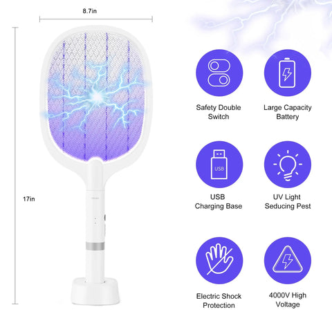 Reusable Electric Fly Swatter Racket Featuring 4000V Bug Zapper With Rechargeable Battery And Dual Mode Design For Killing Mosquitoes And Pests In Your Home, showing dimensions and features.