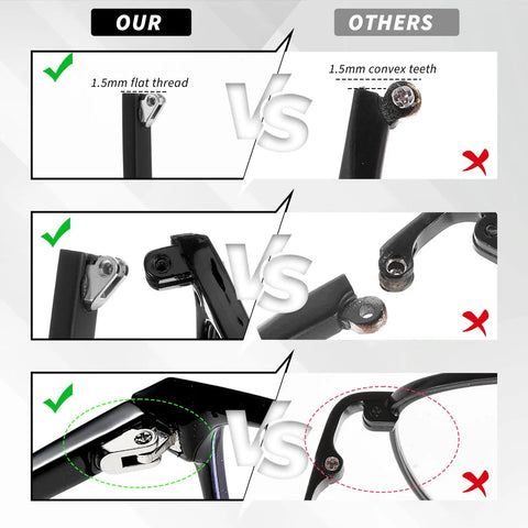 Comparison of Hella Sturdy Universal Glasses Arm Replacement Kit For Sweet Eyeglasses Legs with flat thread vs convex teeth.
