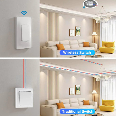 Self Powered Wireless Light Switch And Receiver Kit With 600ft Range shown in a modern living room replacing traditional switch