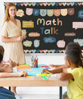 Teacher using Math Talk Bulletin Board Set For Classrooms With Style 43 Pieces Including 27 Sentence Starters 16 Decorative Borders