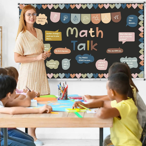 Teacher using Math Talk Bulletin Board Set For Classrooms With Style 43 Pieces Including 27 Sentence Starters 16 Decorative Borders