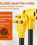 Close-up of 25ft NEMA 6-50P To 14-50R EV Charger Adapter Cord with molded plugs and ergonomic handles, ETL listed