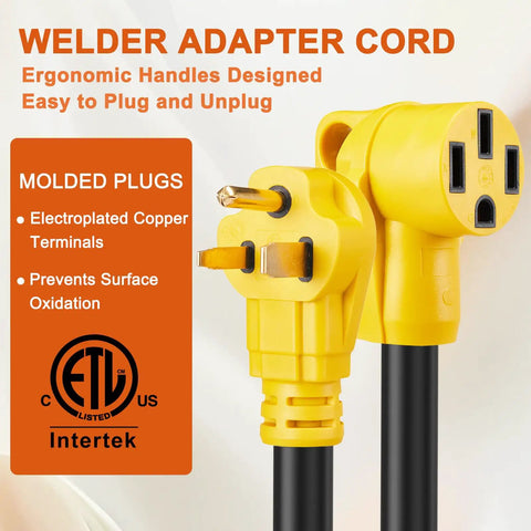 Close-up of 25ft NEMA 6-50P To 14-50R EV Charger Adapter Cord with molded plugs and ergonomic handles, ETL listed