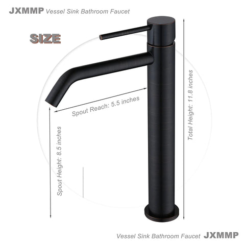 Oil Rubbed Bronze Vessel Sink Faucet With Pop Up Drain And Included Supply Lines Stainless Steel Vanity Faucet Single Hole 1 Handle Bathroom Faucet Lead Free SUS304, shown with dimensions