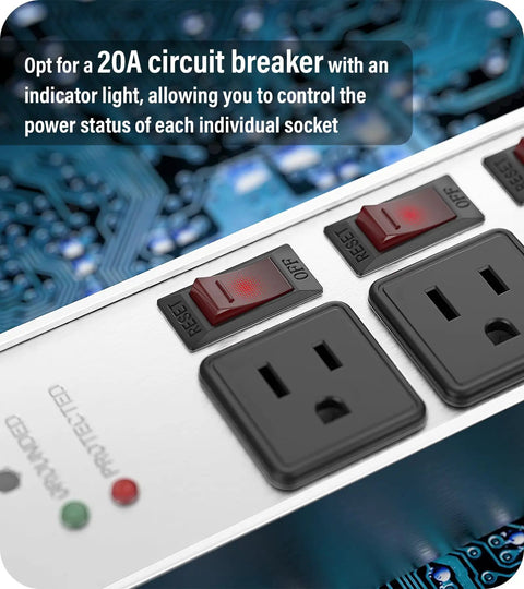 Beefy 3 Outlet Surge Protector With Twelve Gauge Cord And Six Foot Length Individual Switches Grounding Protection 20 Amp Circuit Breakers NEMA 5-15P Plug Brushed Silver Power Strip For Home Office Workshop And Studio with three outlets and red switches