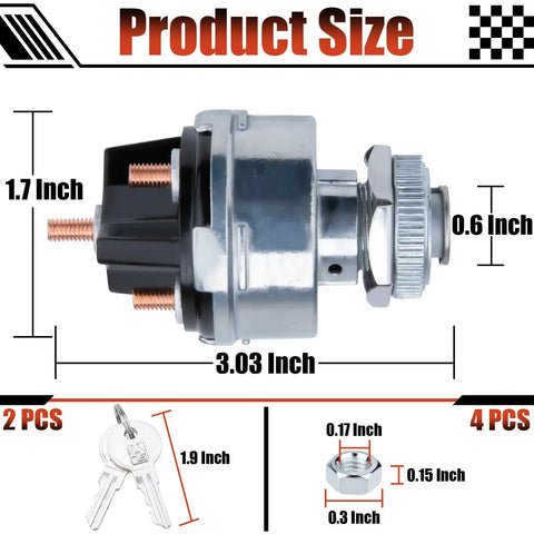 Universal 12V Four Position Ignition Switch With Key For Cars Trucks Trailers Forklifts And More Acc Off IGN Start shown with dimensions