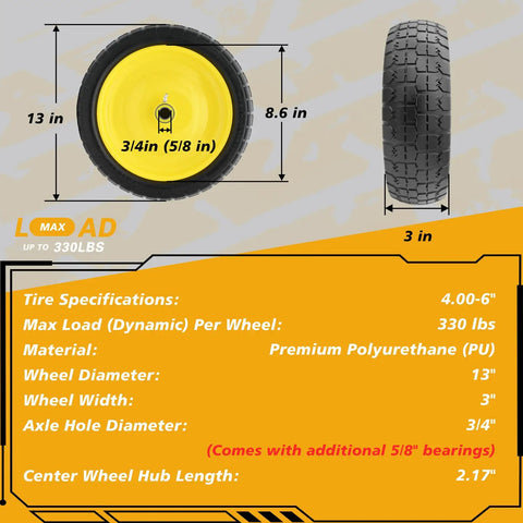 13 Inch No Flat Ever 4.00 By 6 Tire And Wheel Replacement For Gorilla Cart showing dimensions and specifications