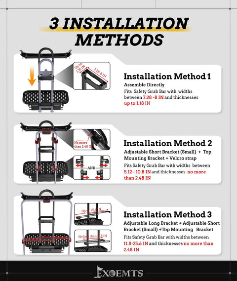 Diagram showing installation methods for No Drill Golf Cart Rear Seat Bag Holder Foldable And Adjustable Space Saver Fits Grab Bars 7.28 To 25.6 Inches Universal For EZGO Club Car Yamaha Easy Install Anti Shake.