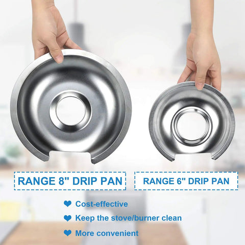 Hands holding 8-inch and 6-inch chrome drip pans from the Chrome Stove Burner Drip Pan Set Four Pack For GE Hotpoint Electric Range Replacement Parts By Appliancemates