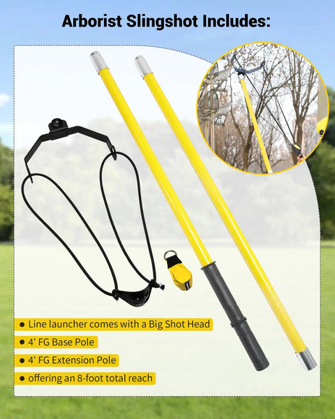 Arborist Throw Line Launcher With High Accuracy And Adjustable Power, includes head, 4 ft base and 4 ft extension poles.