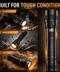 Ultra Bright USB C Rechargeable Flashlight With Four Modes, 5000mAh battery, LCD display shown in rugged outdoor conditions