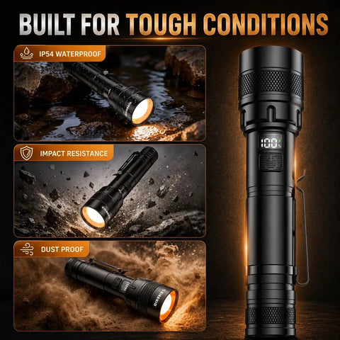 Ultra Bright USB C Rechargeable Flashlight With Four Modes, 5000mAh battery, LCD display shown in rugged outdoor conditions