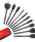 Pro Grade Spade Drill Bit Set For Woodworking, 10-Piece With Black Coating And High Carbon Steel Paddle Bits, includes case.