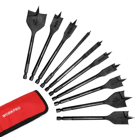 Pro Grade Spade Drill Bit Set For Woodworking, 10-Piece With Black Coating And High Carbon Steel Paddle Bits, includes case.