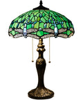 Tiffany Style Stained Glass Table Lamp With Green Dragonfly Shade, 16 Inch Wide, 24 Inch Tall, Antique Bronze Base, Pull Chain