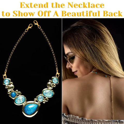 Go-To Gold Jewelry Extenders Set For Necklaces, Bracelets, And Anklets used on a necklace worn by a woman to show off back