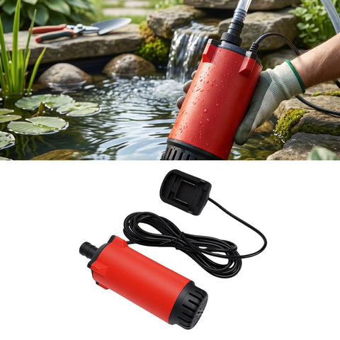 Heavy Duty Cordless Submersible Water Transfer Pump Delivers Strong 120 Liter Flow With 21V Lithium Ion Power in garden pond.
