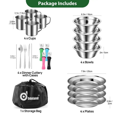 All In One 29 Piece Stainless Steel Camping Mess Kit For 4 With Bowls Plates Cups Forks Spoons And Knives In Durable Carry Case