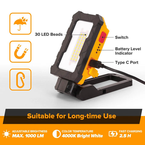 Rechargeable 1000 Lumen LED Magnetic Work Light With 360 Degree Rotation And 200 Degree Swivel Magnetic Base shown charging