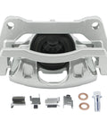Front-right brake caliper in silver with mounting hardware and copper washers