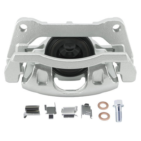 Front-right brake caliper in silver with mounting hardware and copper washers