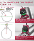 Front view of magnetic pipe center finder tool with adjustable dial bubble protractor for 1-1/2 to 6 in pipes, pink frame.
