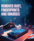 Person using Windex wipe on electronic device screen, text reads 'Removes Dust, Fingerprints and Smudges'.