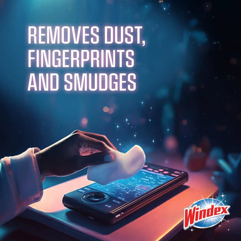 Person using Windex wipe on electronic device screen, text reads 'Removes Dust, Fingerprints and Smudges'.