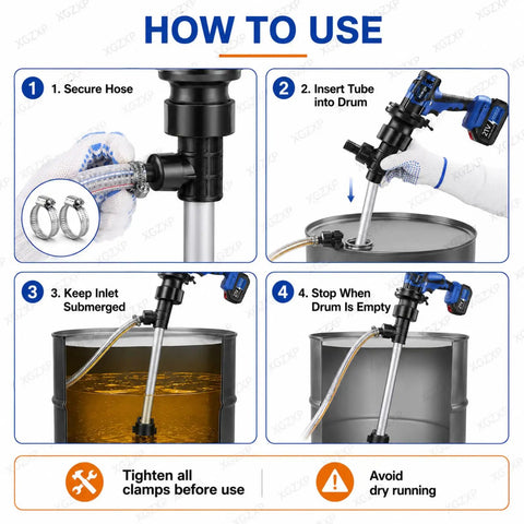 Cordless Electric Oil Drum Pump With 92Cm Stainless Steel Tube For Diesel And Kerosene Transfer. Includes 4M Hose, Two Batteries, And Delivers Up To 60 L/Min Flow Rate For Easy Fuel Moving Jobs Around The Garage