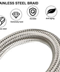 Close-up of stainless steel braid on Beefy Heavy Duty Industrial Grade Compressor Jumper Hose Three Quarters Inch NPT Male By Twenty Inch Length With Rotating Ends For Flexible Air Piping Capable Of 750 Fahrenheit And 450 PSI, Durable Three Quarters Inch NPT Air Hose