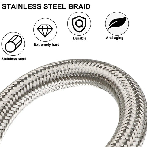 Close-up of stainless steel braid on Beefy Heavy Duty Industrial Grade Compressor Jumper Hose Three Quarters Inch NPT Male By Twenty Inch Length With Rotating Ends For Flexible Air Piping Capable Of 750 Fahrenheit And 450 PSI, Durable Three Quarters Inch NPT Air Hose