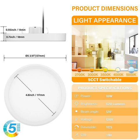 5 Inch Field Selectable 5CCT LED Edgelit Slim Surface Mount Downlight For J-Box Round Mini Flat Panel Light dimensions and specs