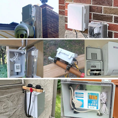 IP67 Waterproof Junction Box With Clear Hinged Cover And Stainless Steel Latch installed outdoors and indoors; various views
