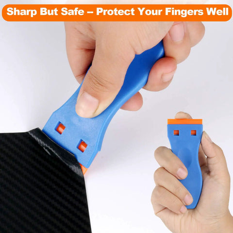 Plastic Razor Blade Scraper Set With 2 Scrapers And 60 Replacement Blades, Easy Grip Ergonomic Handle shown in use on black surface.