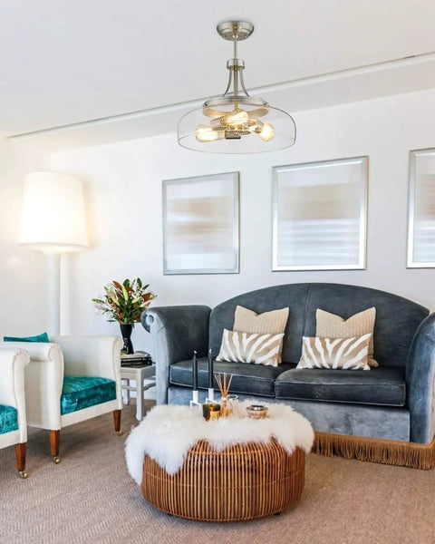 3 Light Farmhouse Pendant Light Semi Flush Mount With Brushed Nickel And Clear Glass Shade above modern living room.