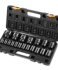 Open black case displaying One Half Inch Drive 19-Piece Impact Socket Set Tough As Nails Heavy Duty Alloy Steel SAE 6-Point Hex Sockets