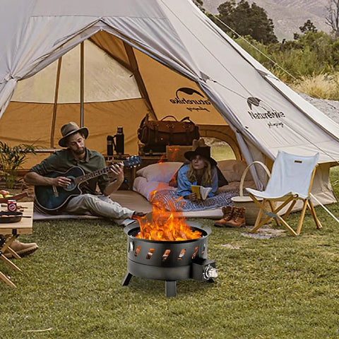 Smokeless Portable Propane Fire Pit For Outdoor Use With Lid And Handle Seventeen Point Three Inch Gas Fire Bowl at campsite
